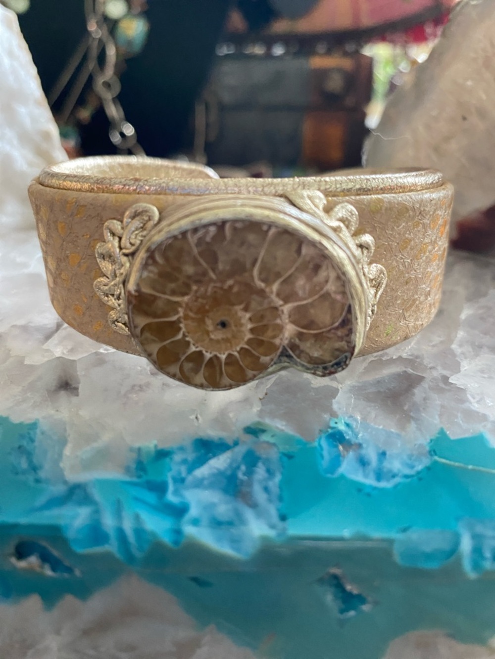 Vintage Polished Ammonite Fossil Tan Silver Leather Bracelet Cuff Unisex